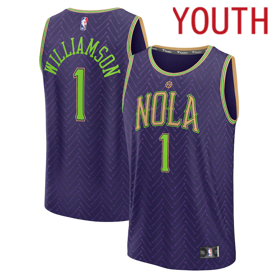 Youth New Orleans Pelicans 1 Zion Williamson Fanatics Purple City Edition 2024-25 Fast Break Player NBA Jersey